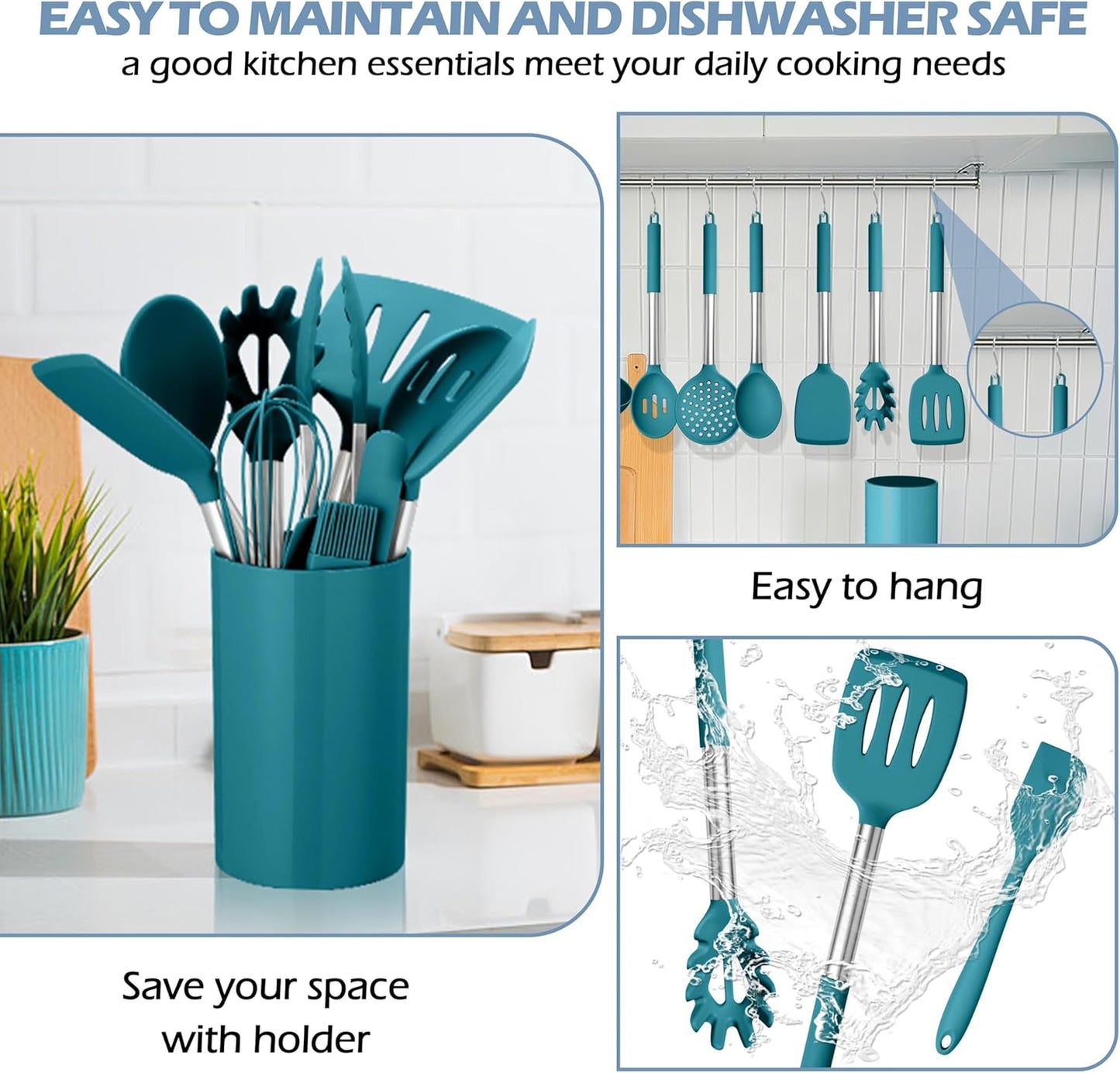 HaWare 29 PCS Silicone Cooking Utensils Set, Heat Resistant Kitchen Utensils Set with Stainless Steel Handle, Spatula Sets with Holder and Hooks, Kitchen Tools Gadgets for Nonstick Cookware -Khaki