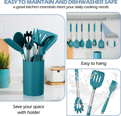 HaWare 29 PCS Silicone Cooking Utensils Set, Heat Resistant Kitchen Utensils Set with Stainless Steel Handle, Spatula Sets with Holder and Hooks, Kitchen Tools Gadgets for Nonstick Cookware -Khaki