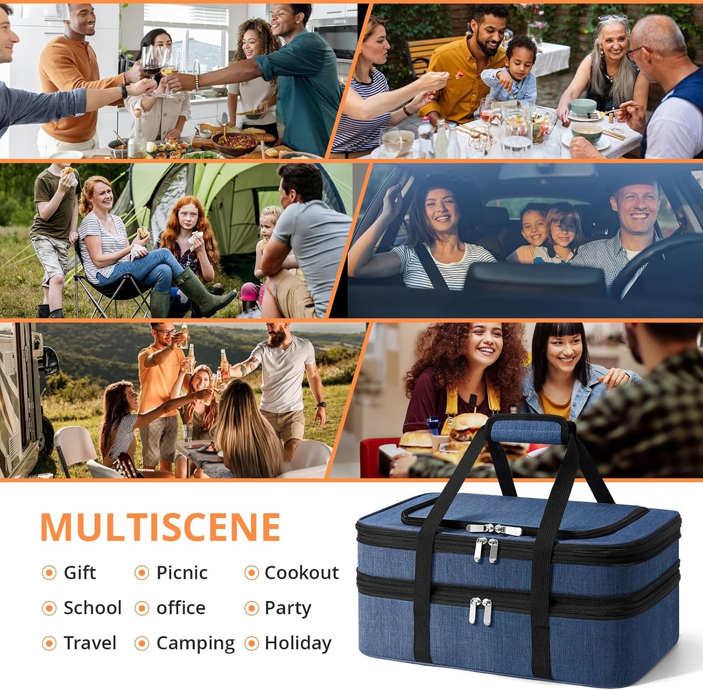 Double Insulated Casserole Carrier - Portable Casserole Carriers for Hot or Cold Food Lunch Tote Warmer or Cooler Bag for Potluck Parties Picnic Cookouts, Fits 9" x 13" Baking Dish - Grey