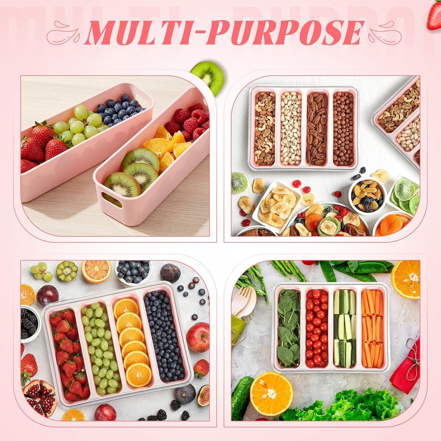 LemonRoad 2 Pack Divided Serving Tray with Lid and Handle 4 Compartment Snackle Box Charcuterie Board Container, Portable Organizer for Veggies, Fruit, Candy for Picnic, Party Travel (Pink)