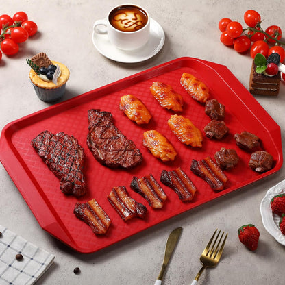 DoubleFill Set of 4 Grilling Prep and Serve Trays, 17x12 Inch 14x10 Inch Large BBQ Platter for Raw and Cooked Food Plastic Grill Tray, Black and Red Stackable Defrosting Grill Prep and Carry System