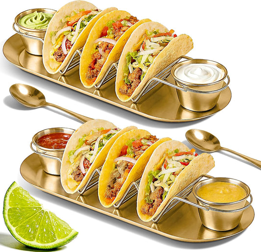 Stainless Steel Taco Holder Tray Set of 2, Taco Rack Holds 3 Tacos Each with Serving Tray, Sauce Cups & Spoon, Oven & Dishwasher Safe for Taco Night & Parties (Gold-2 Pack)