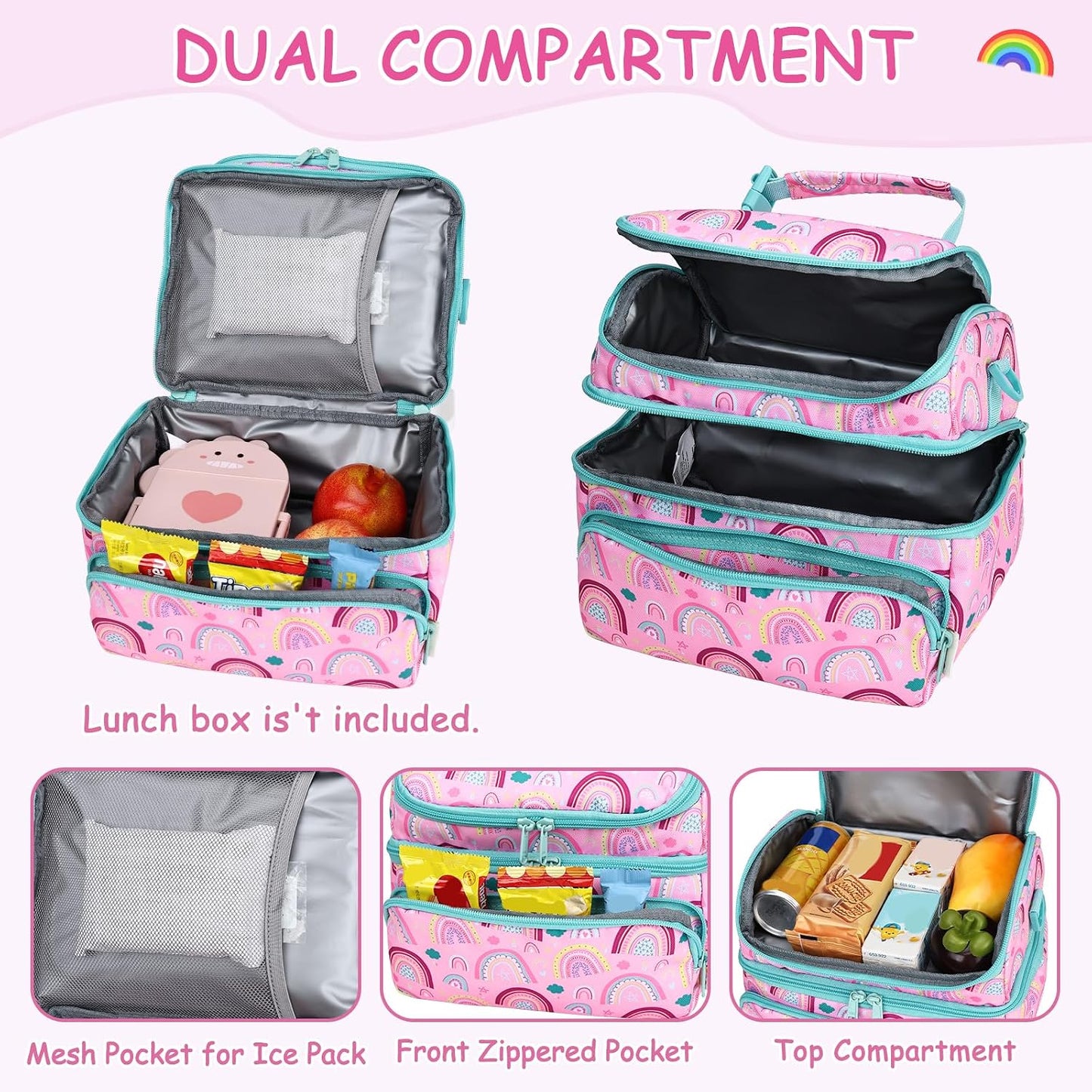 Kasqo Lunch Bag Kids, Dual Compartment Insulated Cooler Bag 7.5L Girls Boys Toddler Lunch Box Containers for Daycare School Kindergarten Travel Ombre Butterfly