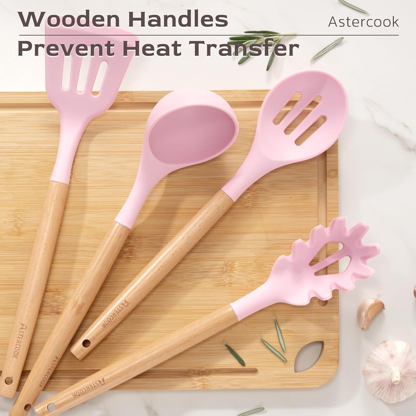 Astercook 39 PCS Kitchen Utensils Set, Silicone Cooking Utensil Sets with Wooden Handle, 446°F Heat Resistant Food Grade Spatula Set, BPA Free Kitchen Gadgets Tools Set & Spoons for Nonstick Cookware