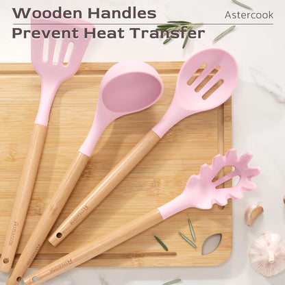 Astercook 39 PCS Kitchen Utensils Set, Silicone Cooking Utensil Sets with Wooden Handle, 446°F Heat Resistant Food Grade Spatula Set, BPA Free Kitchen Gadgets Tools Set & Spoons for Nonstick Cookware