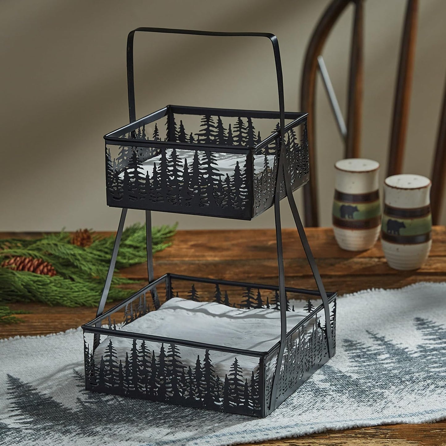 Park Designs Tree Tops Two Tier Napkin Holder, Lodge Metal Tiered Tabletop Storage, Cabin Dual Serving Caddy Organizer