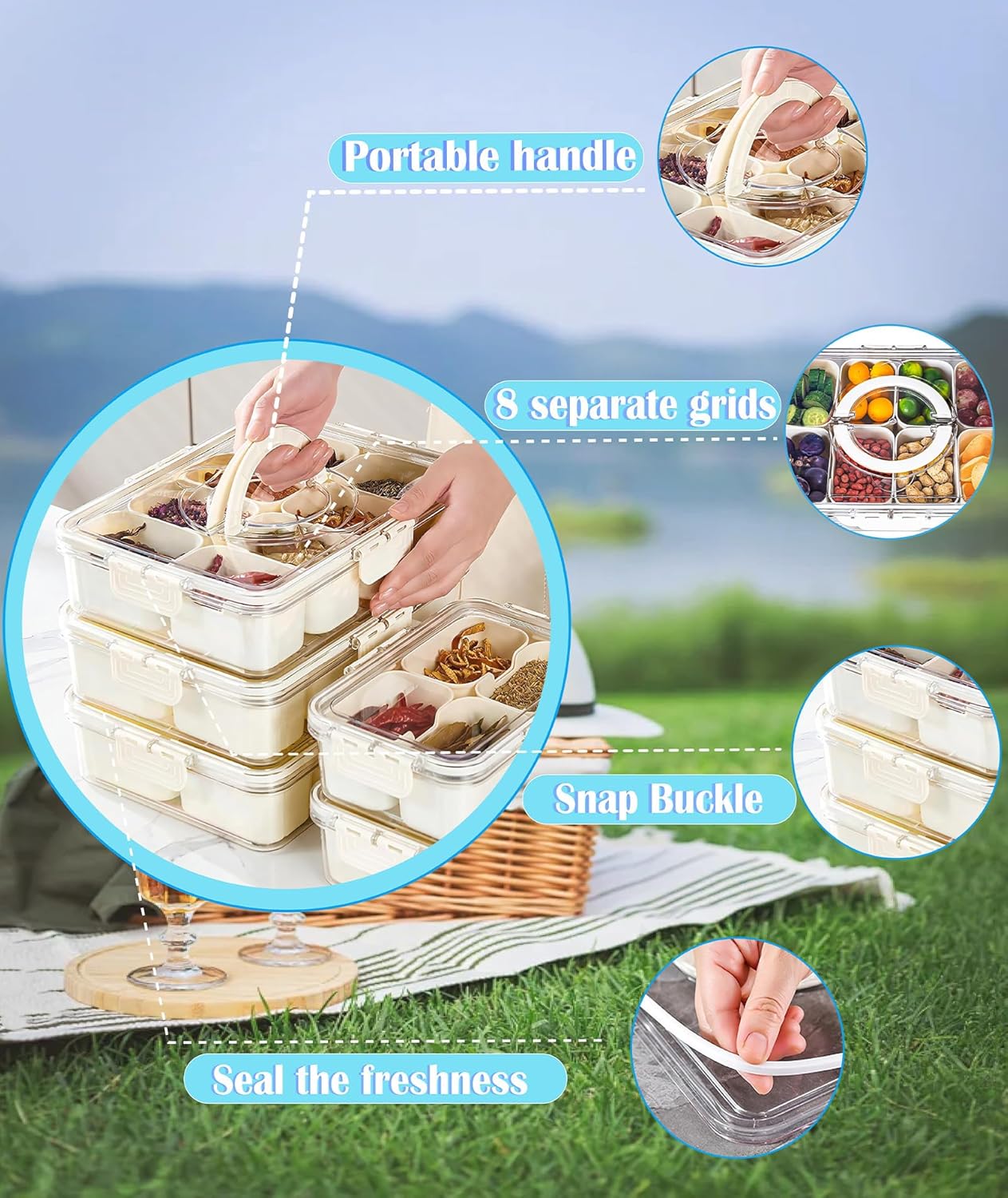 1Pack Divided Serving Tray with Lid and Handle Snack Tray with Lid Picnic Charcuterie Fruit Tray Candy Container Picnic Charcuterie Travel Box for Snacks (1)