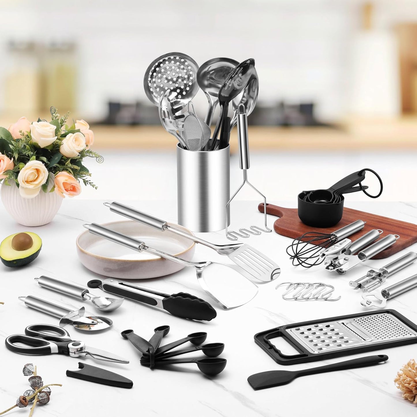 E-far Cooking Utensils Set, 10-Piece Stainless Steel Kitchen Utensils with Holder, Metal Heat Resistant Kitchen Cookware Tool Spatula Set for Cooking, Easy Clean & Dishwasher Safe