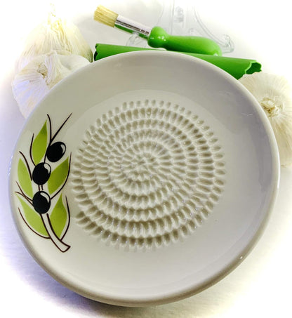 BonCera, Premium Ceramic Garlic Grater Plate Set - White Olive