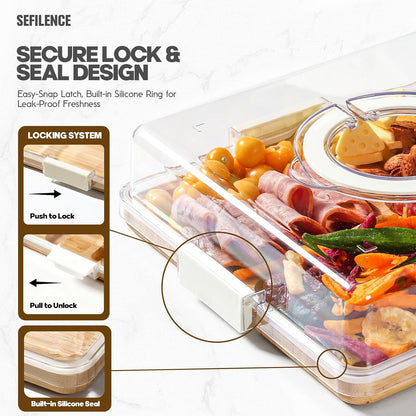 Charcuterie Board with Clear Locking Lid and Handle, 6 Compartment Bamboo Cheese Board Snackle Box, Portable Cutting Board for Snacks, Fruits&Meats, Ideal Gift for Parties, Birthday& House Warming