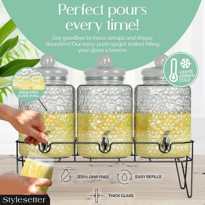 Style Setter Premium Glass Drink Beverage Dispensers - 1.5 Gal, Set of 3 | Dispenser Set with Metal Stand for Parties Cold Drinks, Lemonade, Cocktails, Juice – Party Glass Drink Dispenser Station