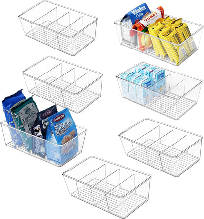 wilfox Pantry Organization, 3 Pack Clear Organizer Bins with Removable Dividers for Pantry, Kitchen, Fridge, Cabinet, Stackable Storage Bins for Snack, Pouches, Spice Packets
