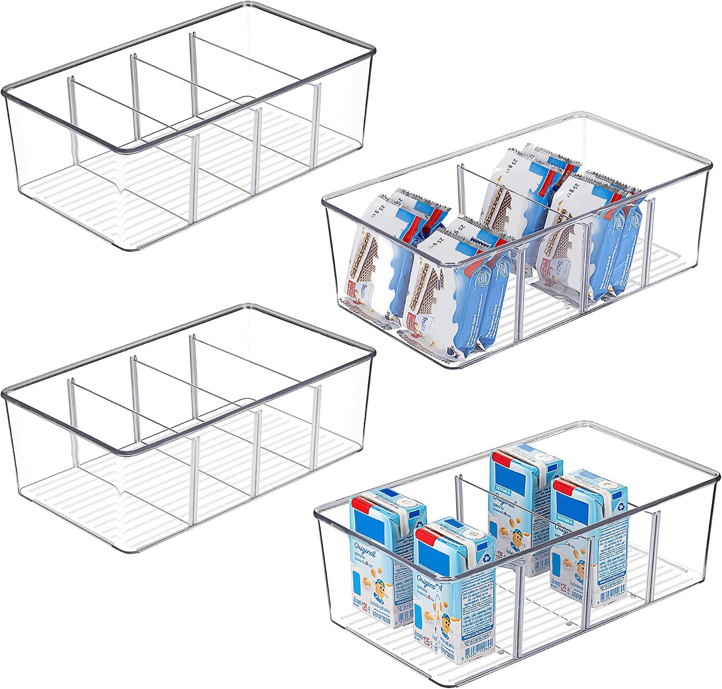 Vtopmart 6 Pack Food Storage Organizer Bins, Clear Plastic Bins for Pantry, Kitchen, Fridge, Cabinet Organization and Storage, 4 Compartment Holder Packets, Snacks, Pouches, Spice Packets