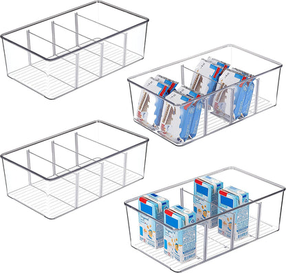 Vtopmart 6 Pack Food Storage Organizer Bins, Clear Plastic Bins for Pantry, Kitchen, Fridge, Cabinet Organization and Storage, 4 Compartment Holder Packets, Snacks, Pouches, Spice Packets