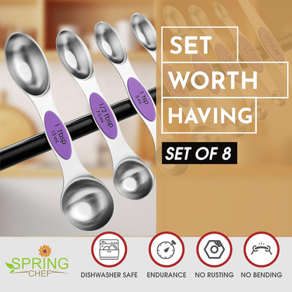 Spring Chef Stainless Steel Magnetic Measuring Spoons Set with Strong N45 Magnets, Heavy Duty Metal Kitchen Gadgets for Baking & Cooking, Fits in Most Kitchen Spice Jars, Set of 8 with Leveler, Black