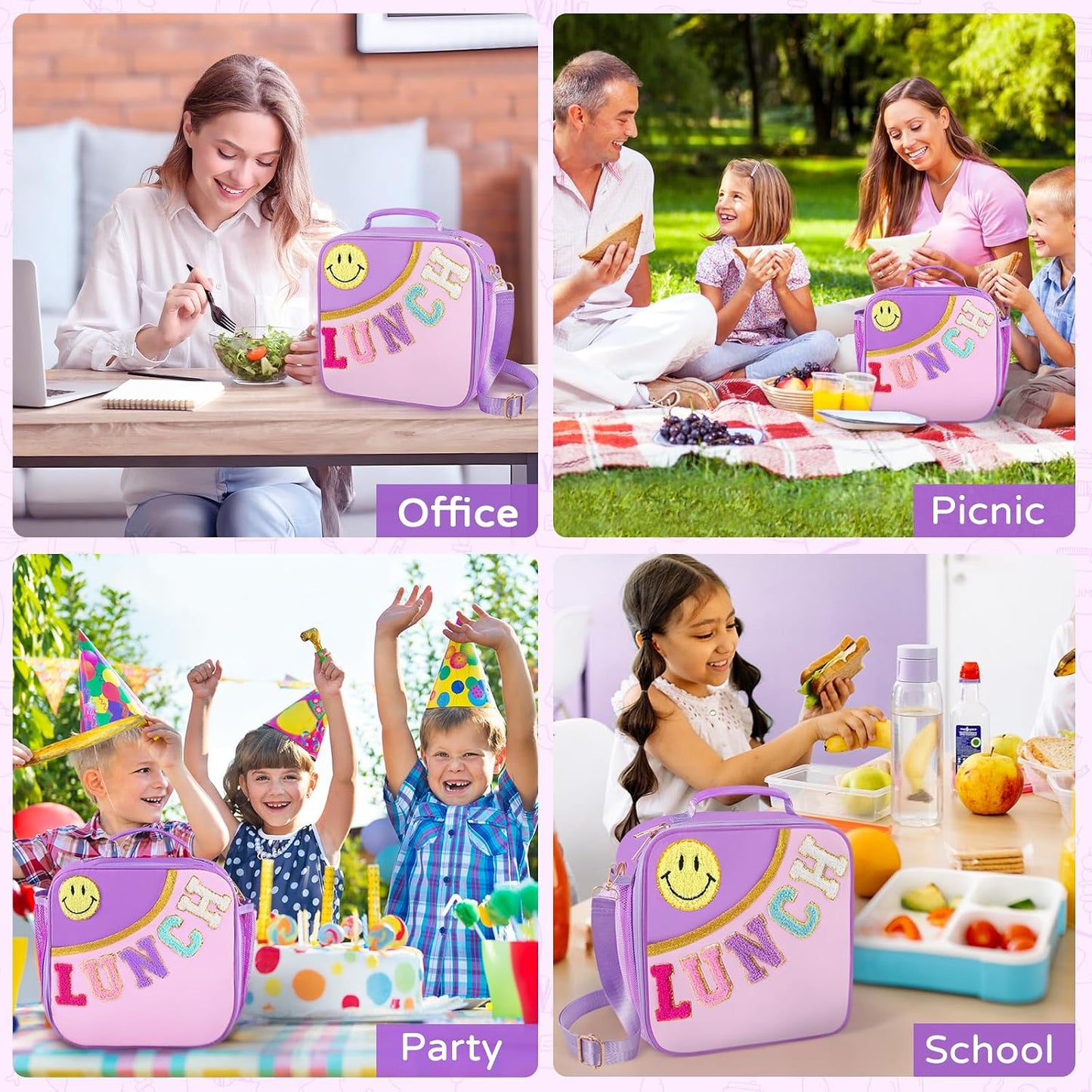 Nsrzua Lunch Bag Kids-Kids Insulated Lunch Bag with Adjustable Strap - Reusable Leakproof Lunch Box for Girls, Preppy School Lunch Tote for Travel, Picnic,School & Winter Camp