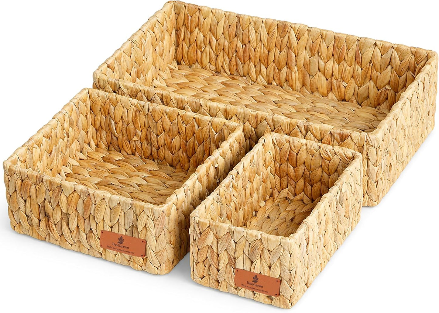 Storage Baskets for Shelves Set of 3, Open-Top Wicker Storage Bins with Handles, Shelf Organizer Baskets for Pantry, Closet & Bathroom, Water Hyacinth Baskets with Tissue Box Cover