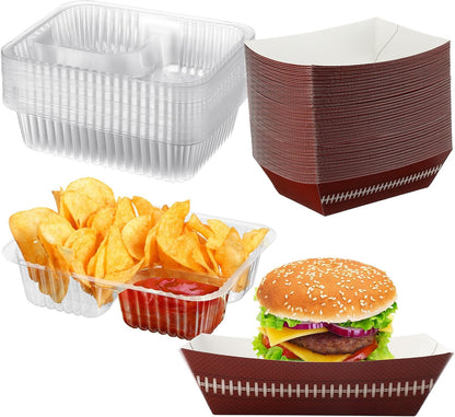 Yerliker 100 Pcs Disposable Tray Set 50 Plastic Nacho & 50 3 lb Paper Food Trays Food Boats Popcorn Chip Holder for Carnivals, Movie Theater, Concession Stand Supplies & Snack(Stripe Style)
