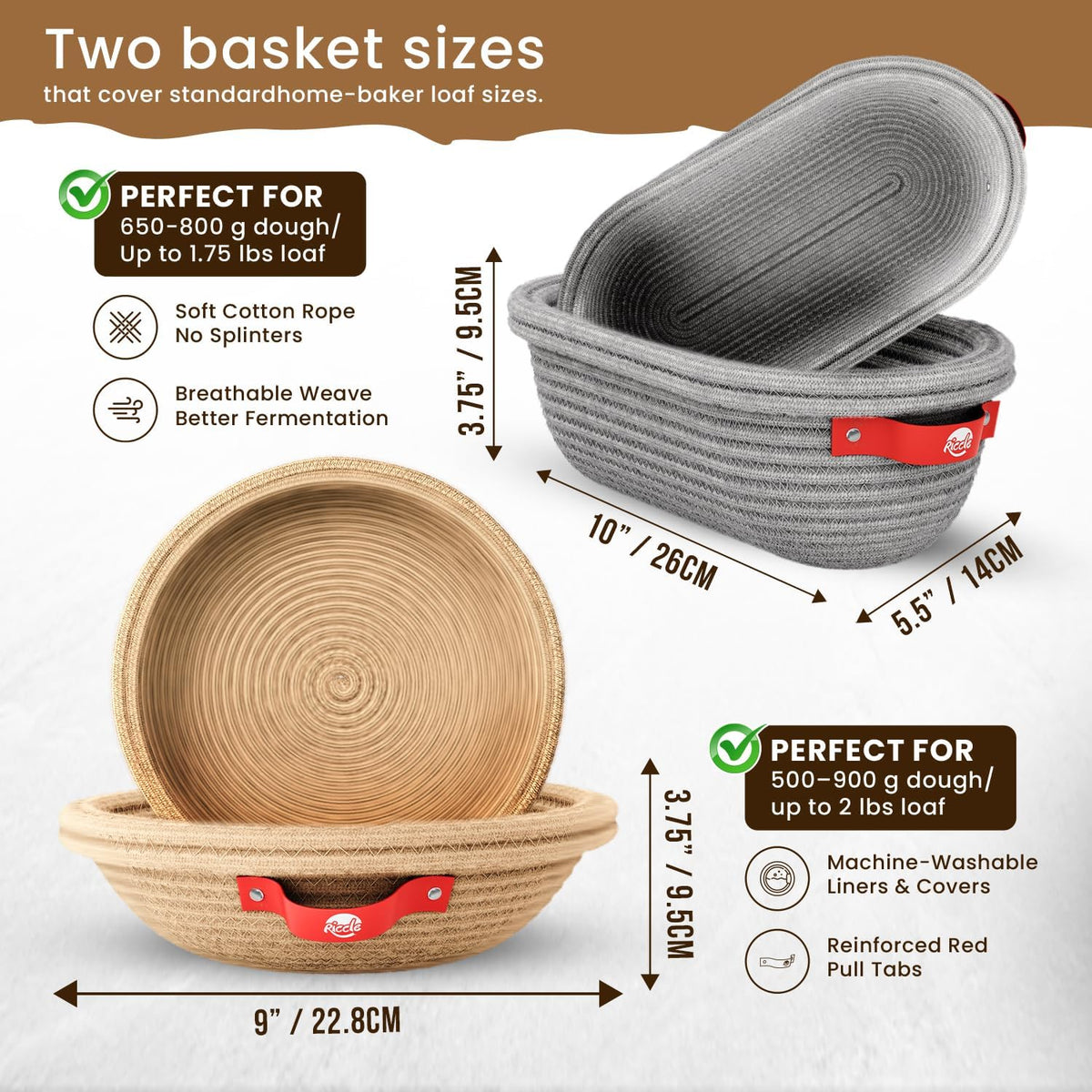 RICCLE Banneton Bread Proofing Basket, 2 Round Sourdough Banneton Baskets