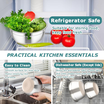 TeamFar Mixing Bowls, 5PCS Stainless Steel Nesting Salad Bowl with Lid & 3 Grater Attachments, for Prepping/Serving/Storing Food, Nontoxic, Airtight Lid & Non-slip Bottom - 4.6/3.5/2.5/1.5/1 QT