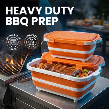 BBQ Prep Tub 2 Pack (8L+8L) - Multifunctional Collapsible Camping Cutting Board with Upgraded Locking Lid, Meal Prep Meat Storage Container Perfect for Grilling, Outdoor Cooking (Large x 2)