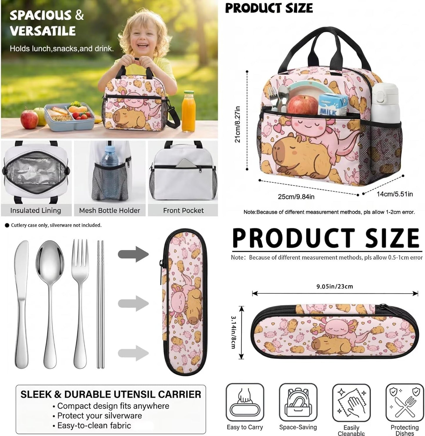 Cute Capybara Pizza Backpack for Girls, 5 Pcs Boys School Bag Set for Kids, 17 Inch Backpacks Lunch Pencil Box Reusable Utensils Case Set for Middle Elementary School, 3rd Grade Backpack