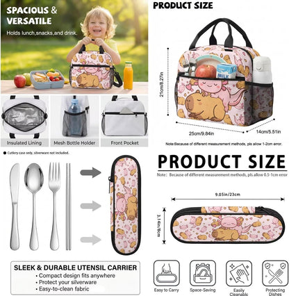 Cute Capybara Pizza Backpack for Girls, 5 Pcs Boys School Bag Set for Kids, 17 Inch Backpacks Lunch Pencil Box Reusable Utensils Case Set for Middle Elementary School, 3rd Grade Backpack