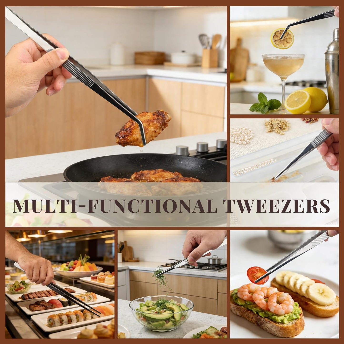 Stainless Steel Tweezers Tongs Set of 2, Kitchen Cooking Utensils, Straight and Bent Tip 11.8″ for Serving, Chef Tools