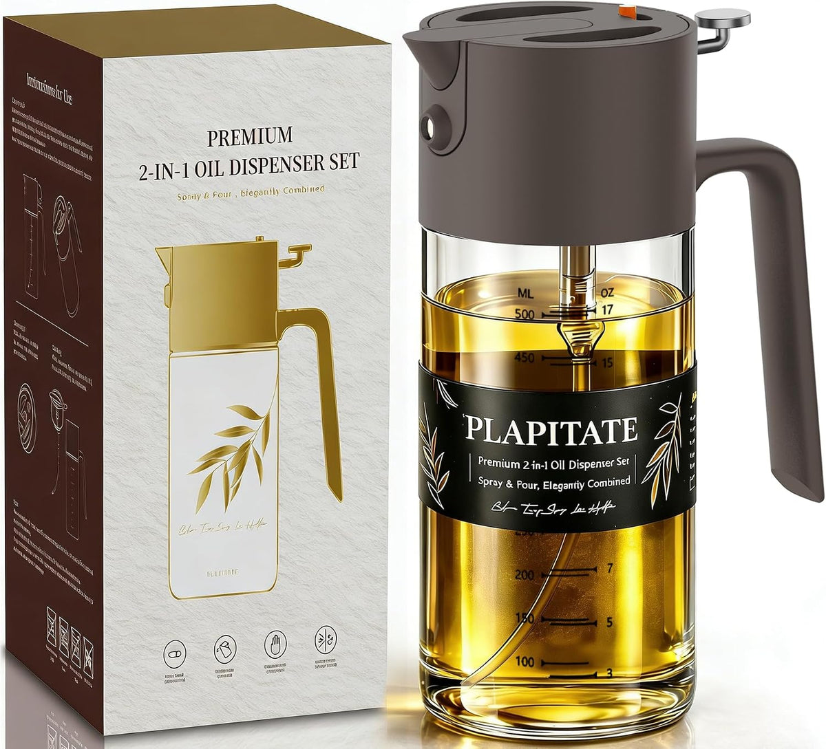 PLAPITATE 17oz/500ml Premium Olive Oil Sprayer for Cooking, 2 in 1 Glass Olive Oil Dispenser Bottle for Kitchen Gadgets, Spray Bottle with Portion Control for Salad, Frying, BBQ (Black)