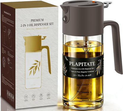 PLAPITATE 17oz/500ml Premium Olive Oil Sprayer for Cooking, 2 in 1 Glass Olive Oil Dispenser Bottle for Kitchen Gadgets, Spray Bottle with Portion Control for Salad, Frying, BBQ (Black)