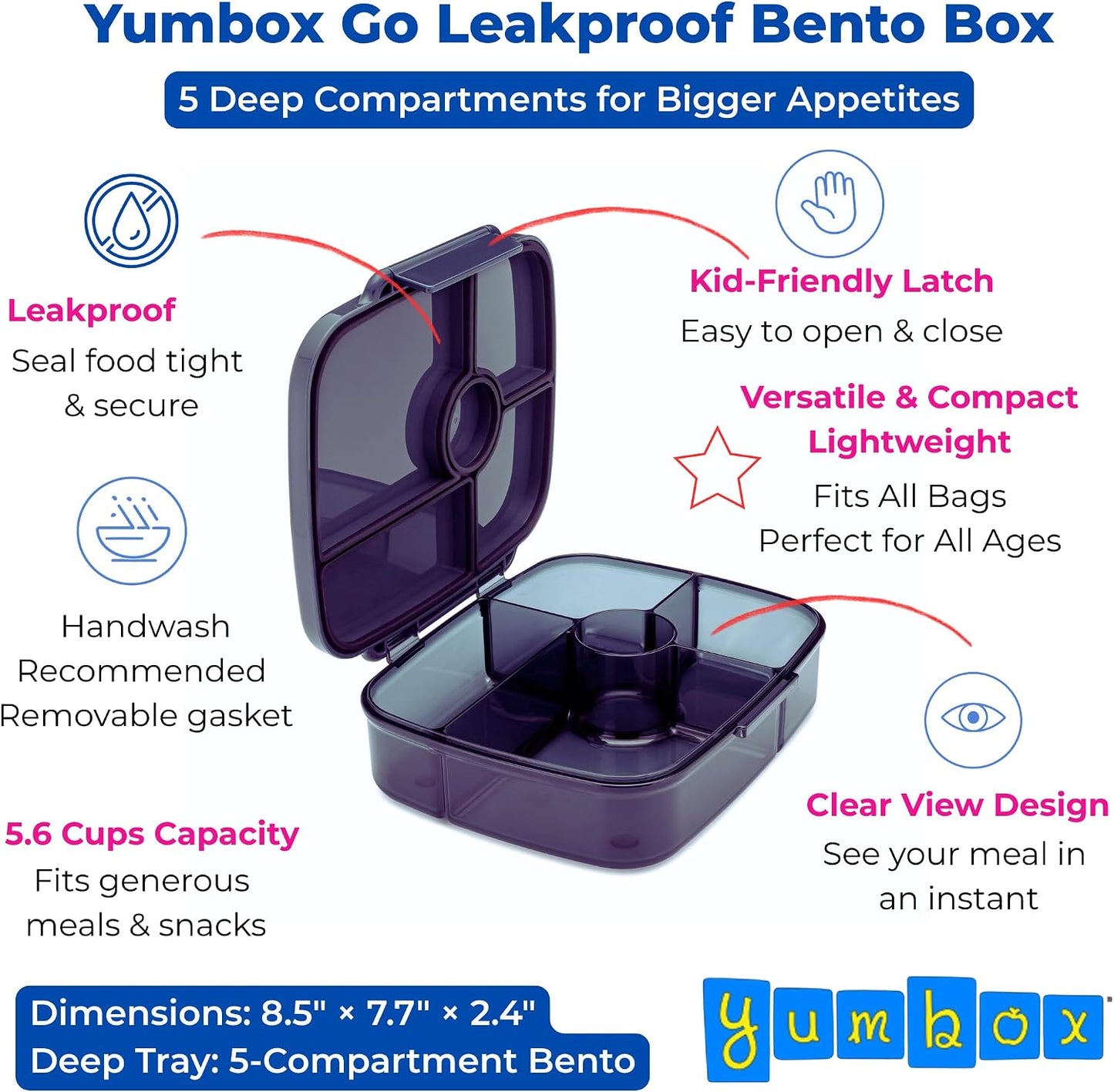 Yumbox Go Leakproof Bento Lunch Box, 5 Compartments, Charcoal Gray | Deep Portioned Tray | Removable Silicone Gasket | Lightweight Construction | Fits Most Lunch Bags | Easy-Clean Design
