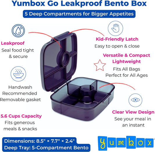 Yumbox Go Leakproof Bento Lunch Box, 5 Compartments, Charcoal Gray | Deep Portioned Tray | Removable Silicone Gasket | Lightweight Construction | Fits Most Lunch Bags | Easy-Clean Design