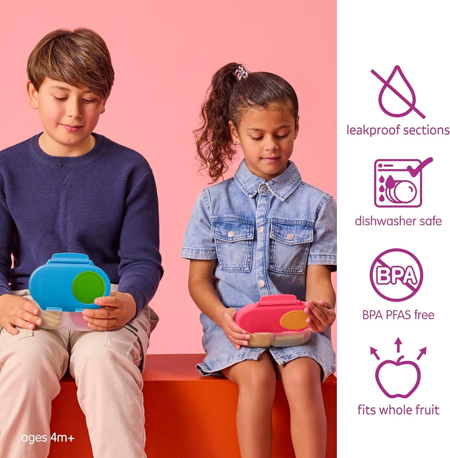 b.box Snack Box 2-Pack - Leak Proof Mini Bento Box for Kids & Toddlers, 2 Compartment Snack Containers for Kids, Dishwasher Safe, BPA-Free, PFAS-Free, Ages 4mo+, 1 3/4 Cup Each (Strawberry + Lilac)