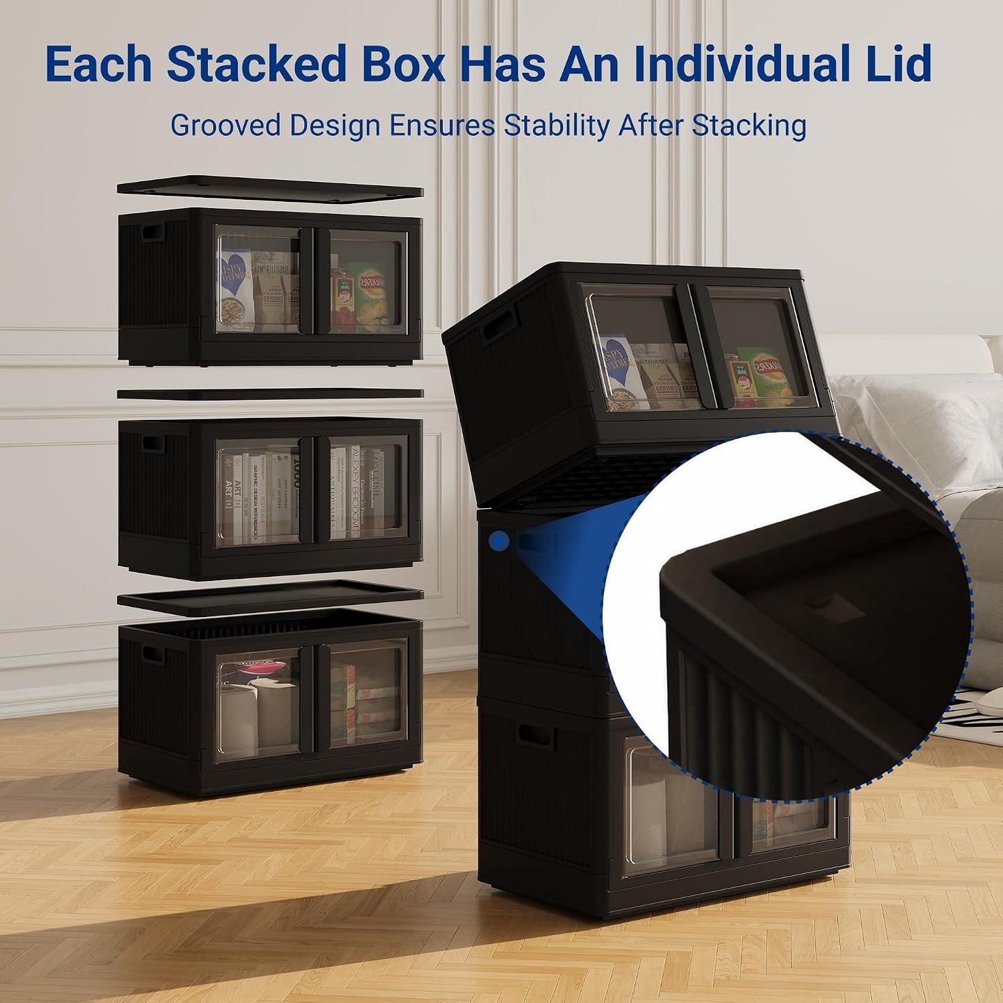 FLEXIMOUNTS 304 QT Stackable Storage Bins With Lids, Collapsible Plastic Storage Bins and Storage Containers with Doors and Built-in Wheels For Home, 4 Pack Cubes, Black