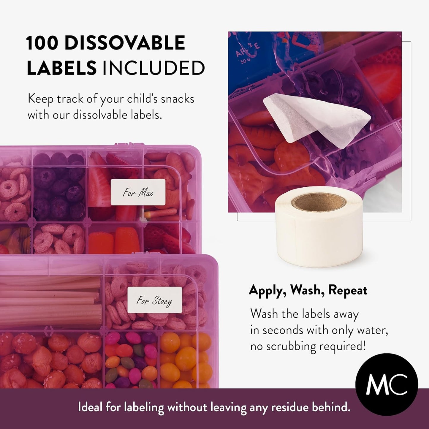 Large Kids Snack Box Containers Set of 2 -100 Labels, BPA-Free, Adjustable Compartments, Dishwasher Safe, Reusable Tray, Food Grade, Meal Prep Container, PARENT TESTED PARENT APPROVED AWARD (Clear)