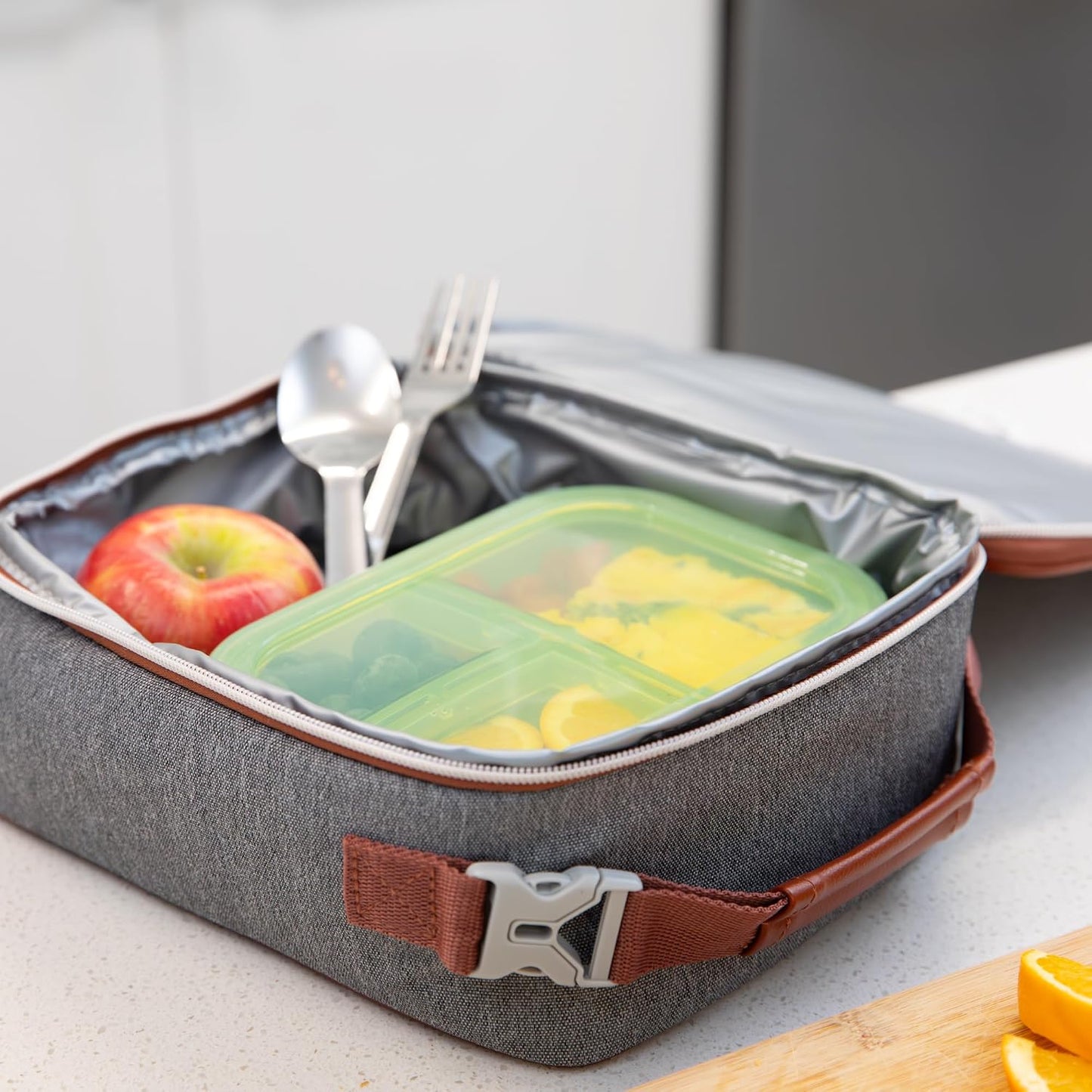 Bumkins Snack/Lunch Bento Box for Kids and Adults, 3 Compartment Container, Leak Proof Lid, for Portioning, Large Section Can Hold Sandwich, Food-Safe LFGB Platinum Silicone, Microwave-Safe, Pink