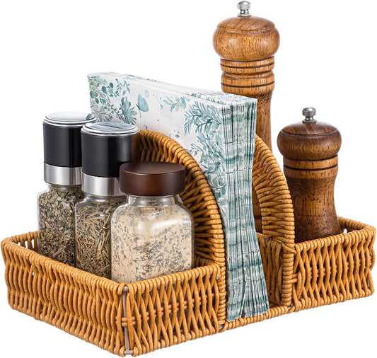 Boho Rattan Napkin Holder with Spice Rack Woven Dining Table Organizer for Napkins, Condiments Utensils Kitchen Counter Decor, Rustic Picnic Party Serving Caddy
