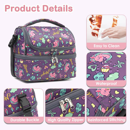 FlowFly Kids Double Decker Cooler Insulated Lunch Bag Large Tote for Boys, Girls, Men, Women, With Adjustable Strap, Unicorn