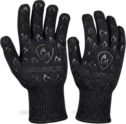 Oven Gloves with Fingers - 932°F Extreme Heat Proof and Cut Resistant Mitts for Kitchen, BBQ, Grill, Baking, Fire Pit - EN407 Certified with Non-Slip Silicone Grip and Cotton Lined for Comfort