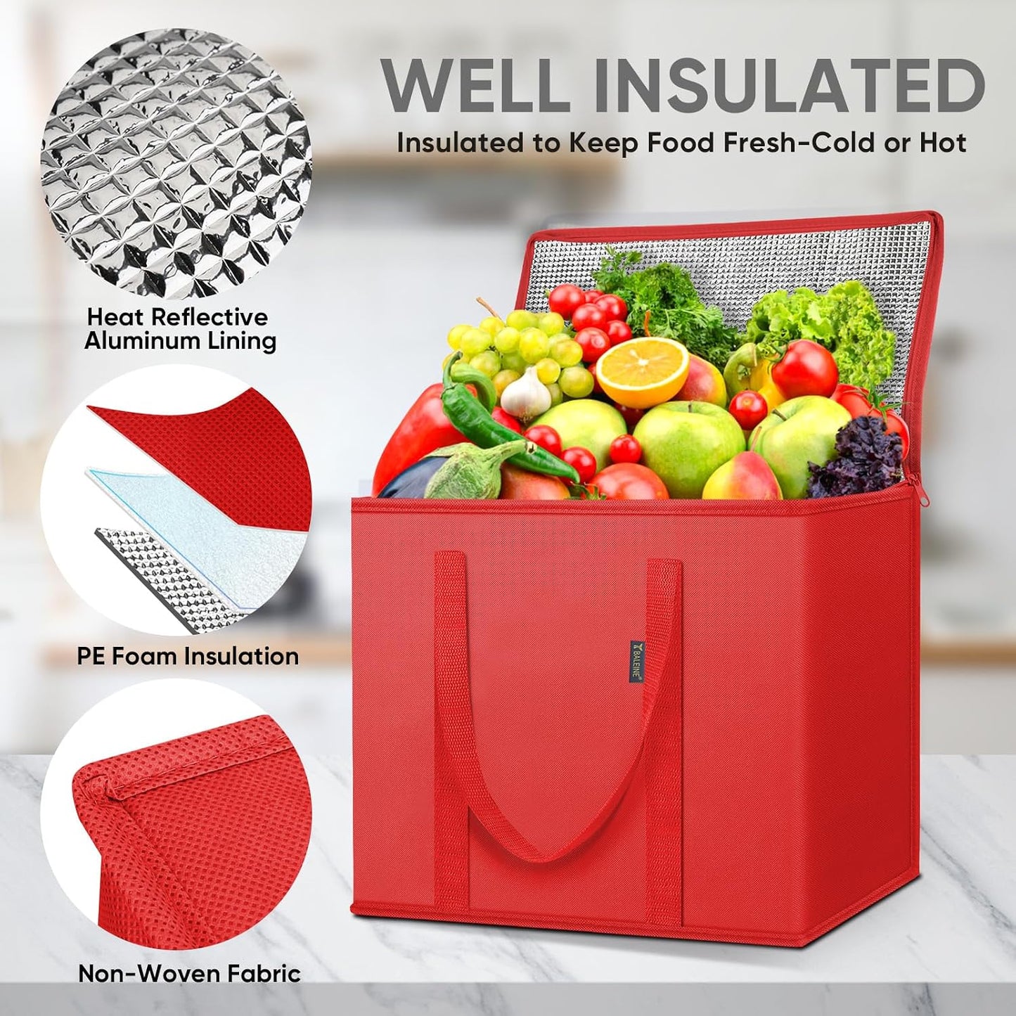 BALEINE 2Pk Insulated Reusable Grocery Bags, Collapsible Cooler Bag for Groceries, Heavy Duty Large Insulated Bag (16''x9''x13'', Antique Foliage)