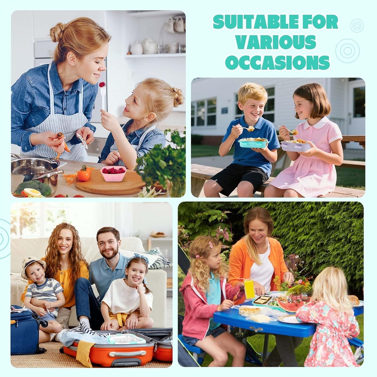 Kids Stainless Steel Bento Box, 3 Compartments Leakproof Lunch Box, Portable Food Storage Containers with Silicone Lids BPA-Free for Office, Picnics, Travel, Blue