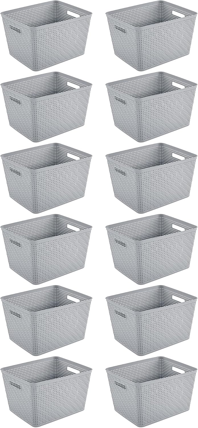 Sterilite 6-Pack Tall Basket, Woven Plastic Storage Baskets for Organization, Cement - Organizing Bin Containers with Handles for Bedroom, Bathroom, Dorm, and Closet