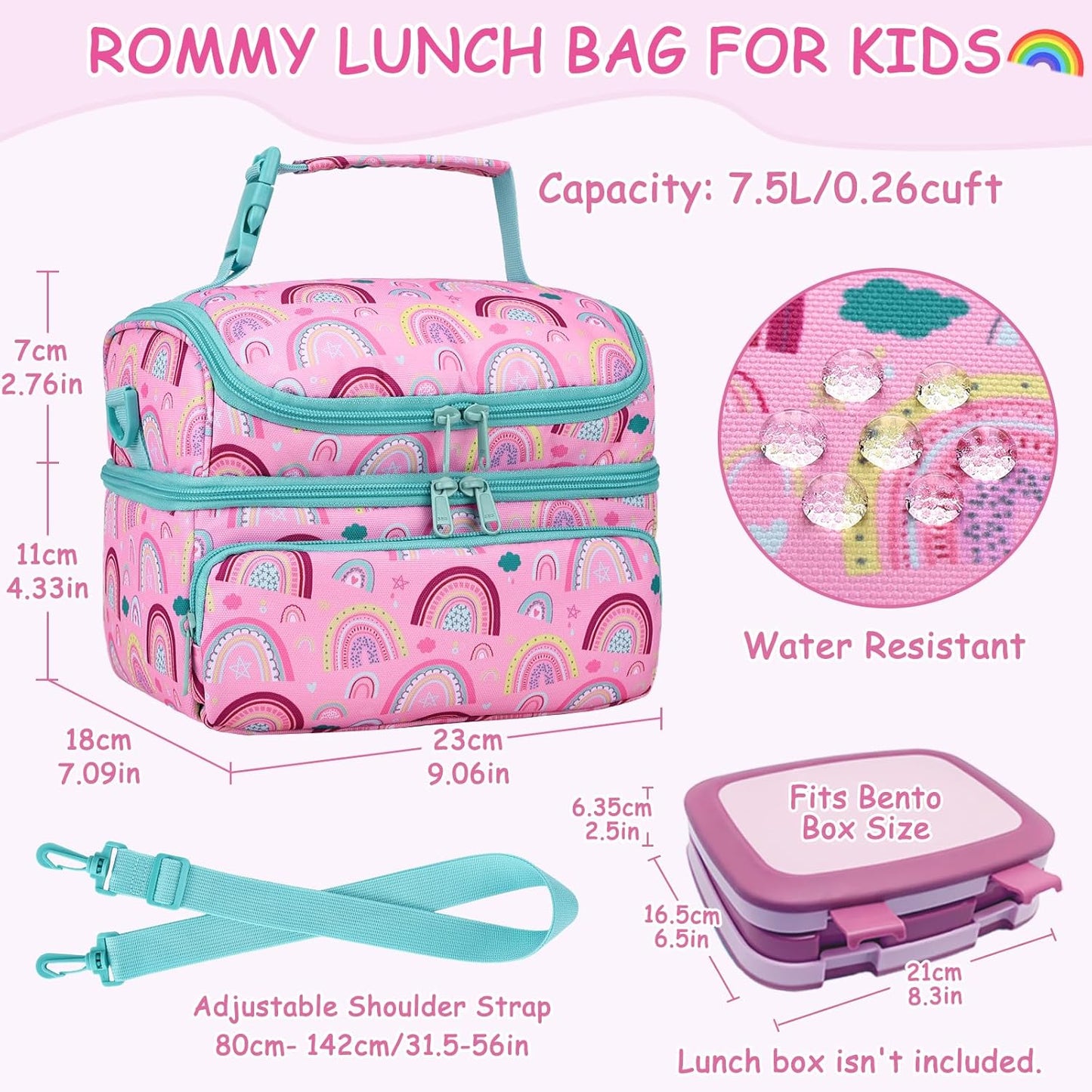 Kasqo Lunch Bag Kids, Dual Compartment Insulated Cooler Bag 7.5L Girls Boys Toddler Lunch Box Containers for Daycare School Kindergarten Travel Ombre Butterfly
