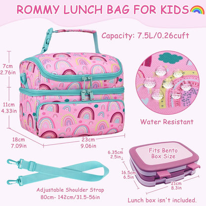 Kasqo Lunch Bag Kids, Dual Compartment Insulated Cooler Bag 7.5L Girls Boys Toddler Lunch Box Containers for Daycare School Kindergarten Travel Ombre Butterfly