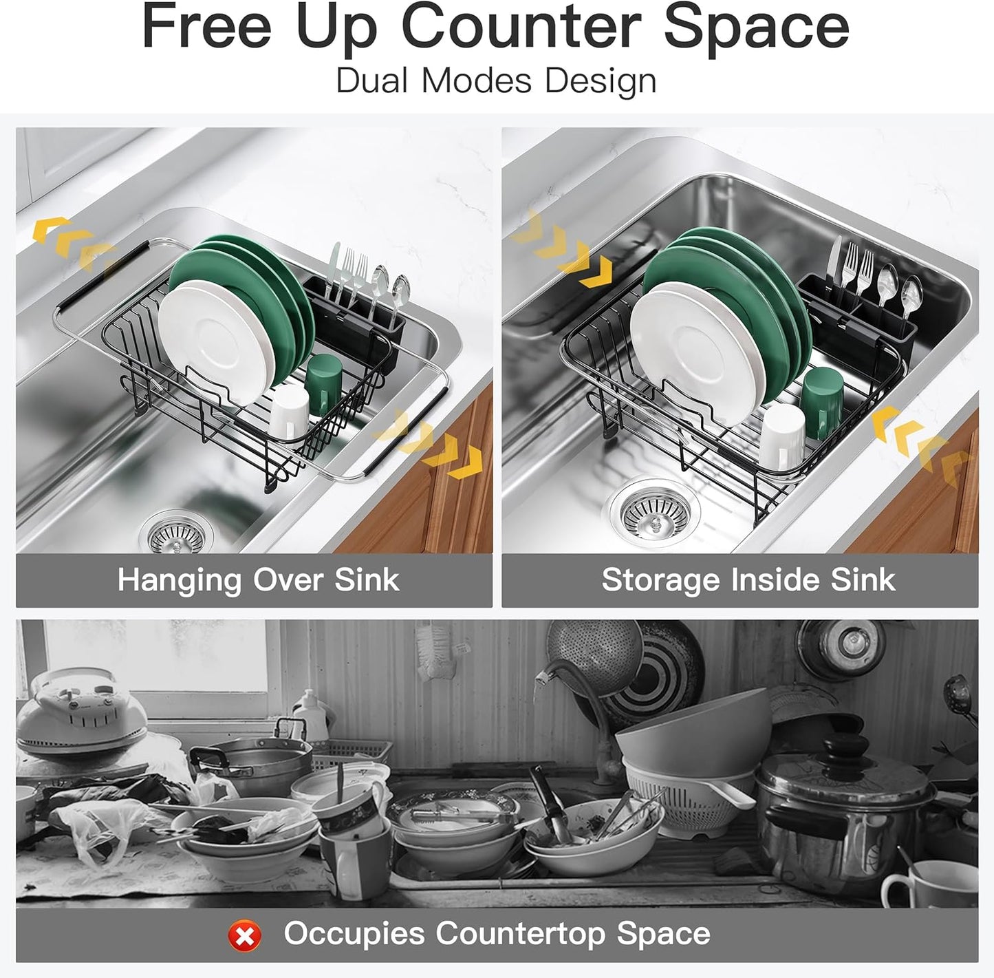 JASIWAY Dish Drying Rack in Sink, Expandable Stainless Steel Dish Drainers for Kitchen Counter, Dish Dryer Rack for Inside Sink, Over The Sink Dish Racks with Utensil Holder, Silver