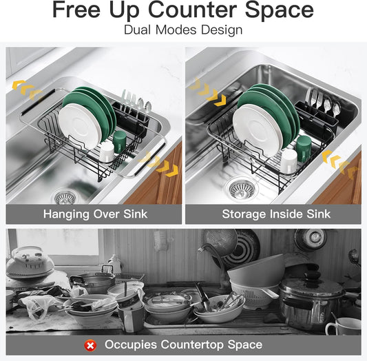 JASIWAY Dish Drying Rack in Sink, Expandable Stainless Steel Dish Drainers for Kitchen Counter, Dish Dryer Rack for Inside Sink, Over The Sink Dish Racks with Utensil Holder, Silver