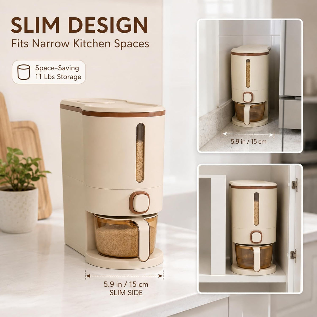ROOM127 Slim Rice Dispenser 11 Lbs, Airtight Rice Storage Container with Measuring Cup, One-Touch Dry Food & Cereal Dispenser with Clear Window for Kitchen Countertop, Milk Tea Brown