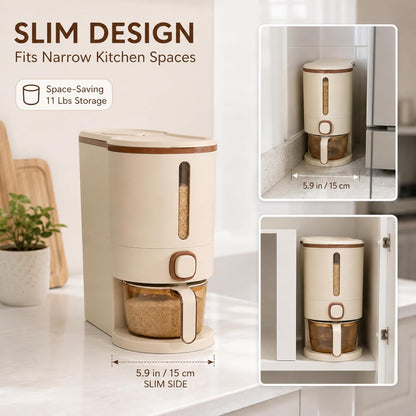 ROOM127 Slim Rice Dispenser 11 Lbs, Airtight Rice Storage Container with Measuring Cup, One-Touch Dry Food & Cereal Dispenser with Clear Window for Kitchen Countertop, Milk Tea Brown