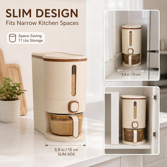 ROOM127 Slim Rice Dispenser 11 Lbs, Airtight Rice Storage Container with Measuring Cup, One-Touch Dry Food & Cereal Dispenser with Clear Window for Kitchen Countertop, Milk Tea Brown
