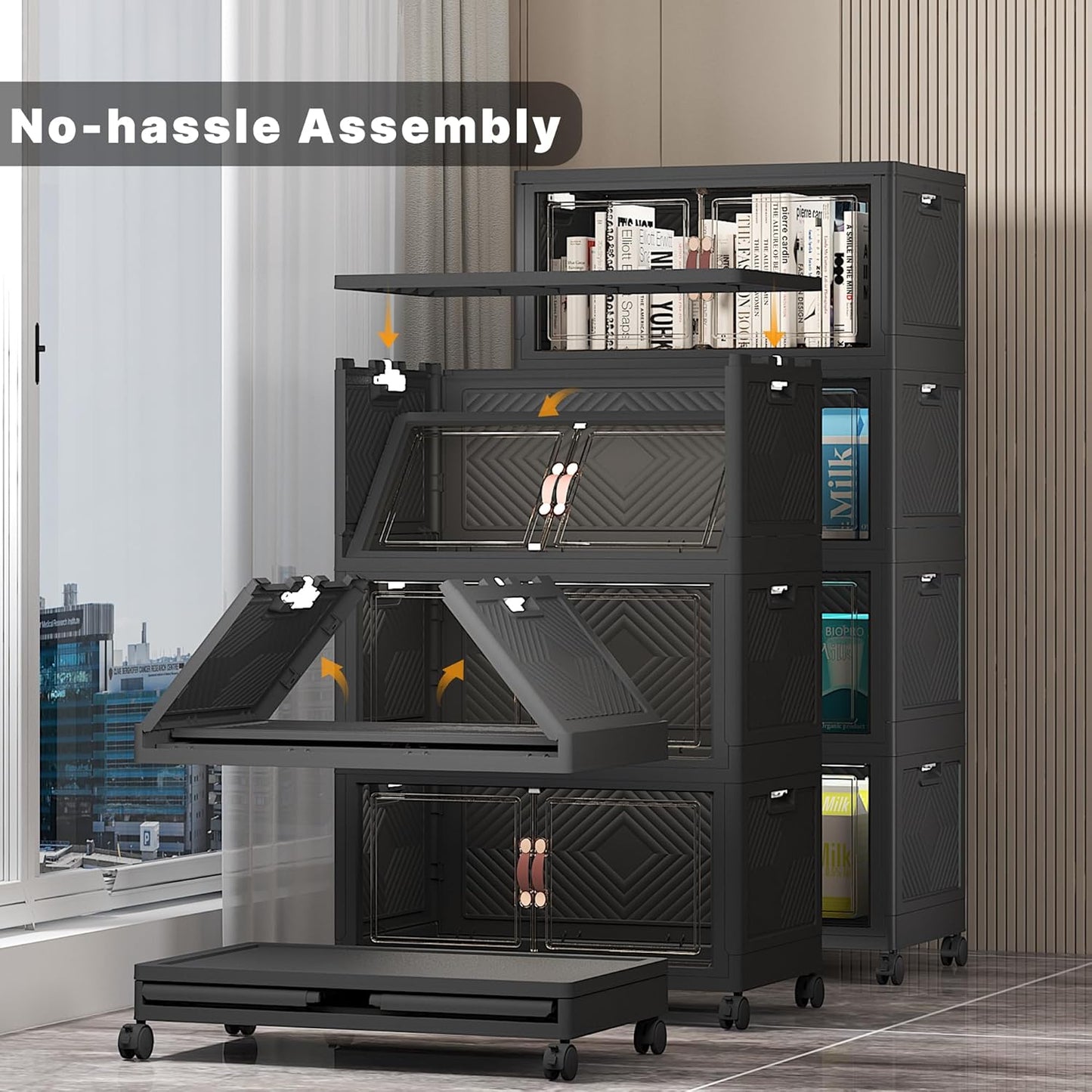 UAMFURI 720QT Stackable Storage Bins with Lids, Extra Large Storage Cabinet with Doors and Wheels, Collapsible Plastic Storage Box for Bedroom Dorm Office Garage